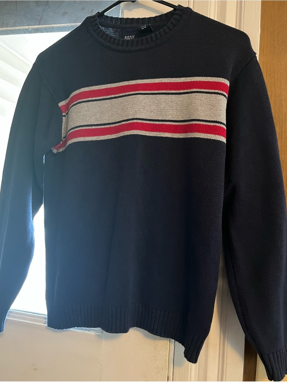 🔥5/$20🔥Used Kid’s Basic Editions Navy Crewneck Sweater with Red & Grey Stripes
